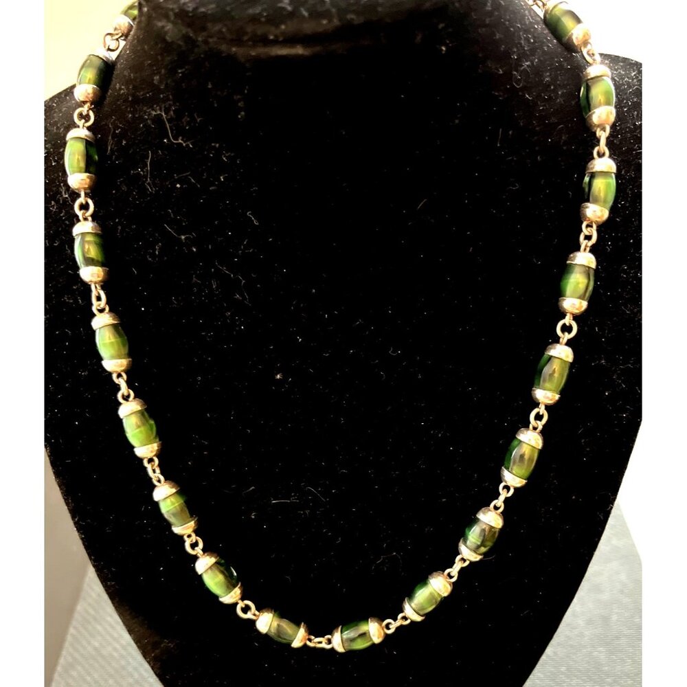 Sterling Silver Malachite Vintage Necklace 17" Silver Box Clasp